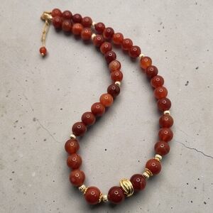 Gold Accent Red Agate Beaded Necklace